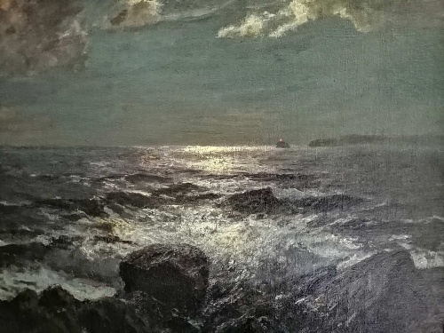 Julius Olsson RA (1864-1942) ' Moonlit waves on the shore with Godrevy Lighthouse, St.Ives,.'